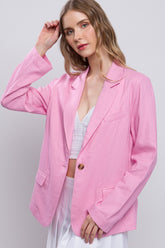 Love Tree One-Button Long Sleeve Linen Blazer Pink OutfitFlow