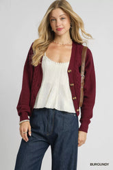 Umgee Chunky Cable Knit V-Neck Button-Up Cardigan BURGUNDY OutfitFlow