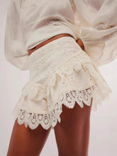 Lace Eyelet Ruffle Hem Shorts White OutfitFlow