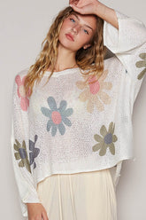 POL Flower Dropped Shoulder Long Sleeve Knit Top White OutfitFlow