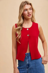 Annie Wear Metal Button Detail Crop Sweater Vest RED OutfitFlow