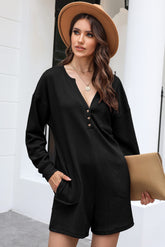 Notched Neck Long Sleeve Romper Black OutfitFlow