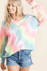 BiBi Tie Dye French Terry V-Neck Top with Puff Sleeves PINK MULTI OutfitFlow