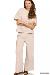 Zenana Ribbed Round Neck Tee & Pants Set SAND BEIGE OutfitFlow