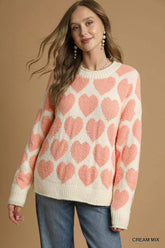 Umgee Mix Heart Pattern Pearl Accent Sweater CREAM MIX OutfitFlow