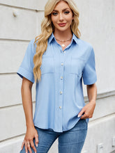 Collared Neck Short Sleeve Shirt Light Blue OutfitFlow