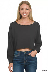 Zenana French Terry Boatneck Crop Top BLACK OutfitFlow