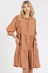 Mittoshop Button Detail Collared Neck Tiered Shirt Dress Ochre OutfitFlow
