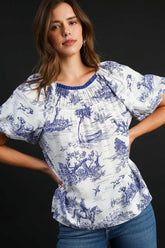 Umgee Full Size Two Tone Landscape Round Neck Print Top Plus Size Blue OutfitFlow