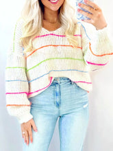 Colorful Striped Detail V Neck Drop Shoulder Baggy Sweater White OutfitFlow