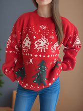 Christmas Element Round Neck Long Sleeve Sweater Scarlet One Size OutfitFlow