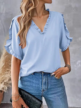Ruffled V-Neck Short Sleeve Blouse Blue OutfitFlow