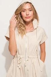 And The Why Short Sleeve String Details Hooded Mini Dress Almond OutfitFlow