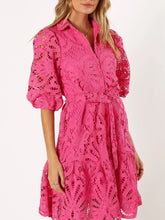 Lace Tie Waist Half Sleeve Dress Rose Red OutfitFlow
