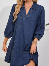 V Neck Collared Single Chest Pocket Long Sleeve Denim Dress Navy OutfitFlow