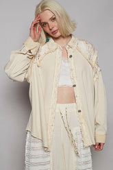 POL Lace Patchwork Button Up Shacket Cream OutfitFlow