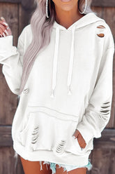 Distressed Drawstring Long Sleeve Hoodie White OutfitFlow