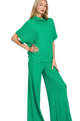 Zenana Sweater Mock Neck Top & Long Pants Set K GREEN OutfitFlow
