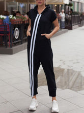 Striped Short Sleeve Hooded Jumpsuit Black OutfitFlow