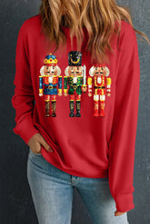 Nutcracker Round Neck Long Sleeve Sweatshirt Deep Red OutfitFlow