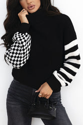 Striped & Checkered Turtleneck Dropped Shoulder Sweater Black OutfitFlow
