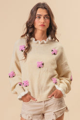 BiBi Ruffled Crochet Flower Dropped Shoulder Sweater Cream OutfitFlow