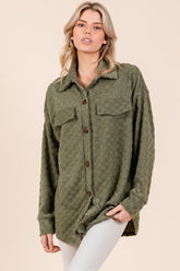 BOMBOM Checkered Button Down Dropped Shoulder Shacket Moss OutfitFlow
