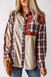 Plaid Patchwork Collared Neck Jackets Burgundy OutfitFlow