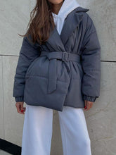 Puffer Long Sleeve Winter Coat with Belt Gray OutfitFlow