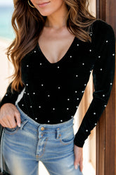 Pearl Detail V-Neck Long Sleeve Bodysuit Black OutfitFlow