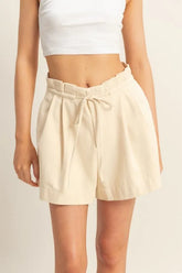HYFVE High-Waisted Washed Twill Paperbag Shorts OATMEAL OutfitFlow
