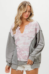 BiBi Camo Printed French Terry Knit Color Block Top H GREY OutfitFlow
