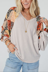 Leopard Contrast V-Neck Long Sleeve Blouse Light Gray OutfitFlow