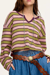 Striped Notched Long Sleeve T-Shirt Matcha Green OutfitFlow