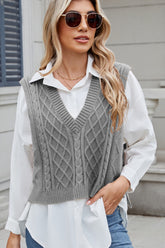 Cable-Knit V-Neck Sweater Vest Gray OutfitFlow