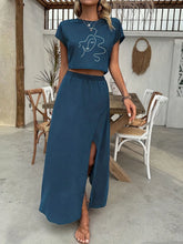 Round Neck Short Sleeve Top and Skirt Set French Blue OutfitFlow