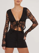 Tied Plunge Long Sleeve Lace Cropped Shirt Black OutfitFlow