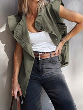 Ruffled Patchwork Denim Jacket Vest Army Green OutfitFlow