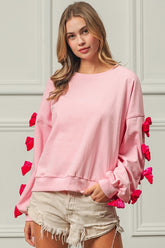 BiBi Velvet Ribbon Bows Long Sleeve Round Neck Sweatshirt Pink OutfitFlow