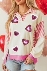 Valentine’s Day Sequin Heart Pattern Long Sleeve Sweatshirt Pink OutfitFlow
