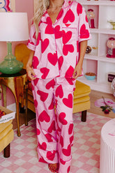 Heart Collared Neck Short Sleeve Top and Pants Lounge Set Pink OutfitFlow