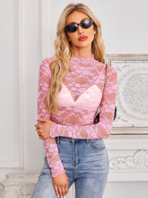 Mock Neck Long Sleeve Lace Sheer Top Blush Pink OutfitFlow