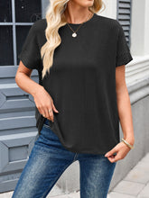 Lovelet Round Neck Short Sleeve Rib T-Shirt Black OutfitFlow