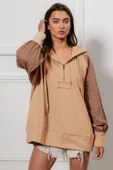BiBi Half Zip French Terry Hoodie with Kint Sleeves TAUPE OutfitFlow