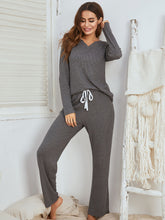 Notched Long Sleeve Top and Pants Set Dark Gray OutfitFlow