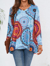 Geometric Printed V-Neck Long Sleeve T-Shirt Pastel Blue OutfitFlow