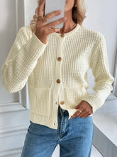Button-Up Long Sleeve Cardigan with Pockets Off White OutfitFlow
