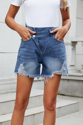 Distressed Raw Hem Asymmetric Waist Denim Shorts Dusty Blue OutfitFlow