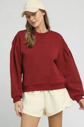 Umgee Round Neck Sweatshirt with Pleated Detail BURGUNDY OutfitFlow