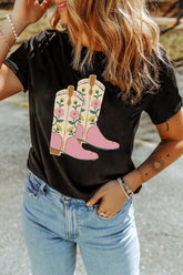Floral Cowgirl Boots Graphic T-Shirt Black OutfitFlow